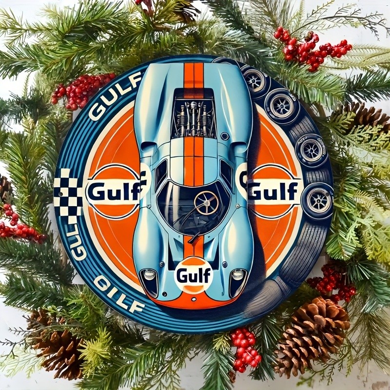 1pc Vintage Gulf Racing Car Tin Metal Signs – Retro Style Wall Art with Blue & O