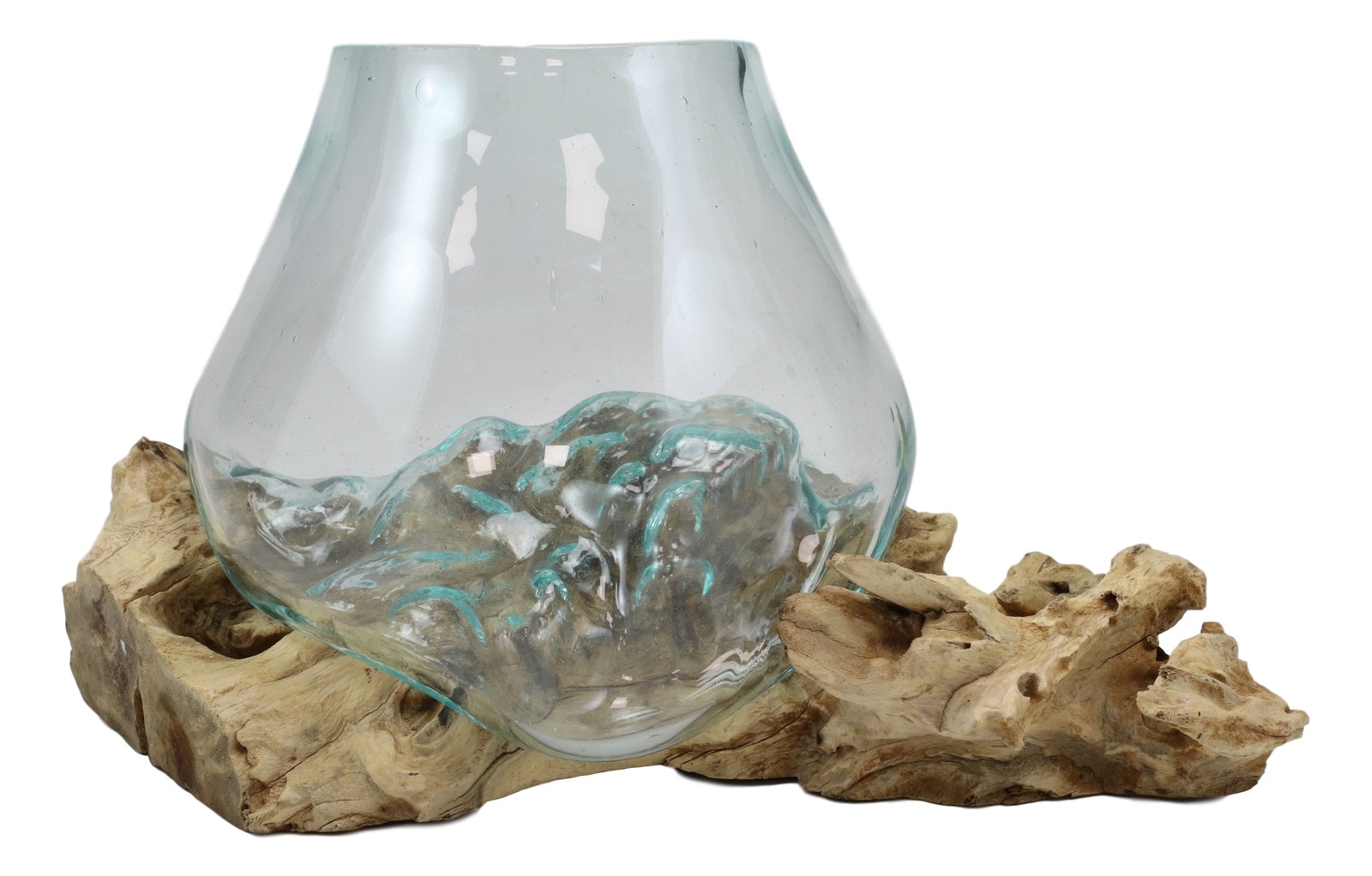 Balinese Handicraft Natural Driftwood With Fitted Hand Blown Glass Bowl 7″L