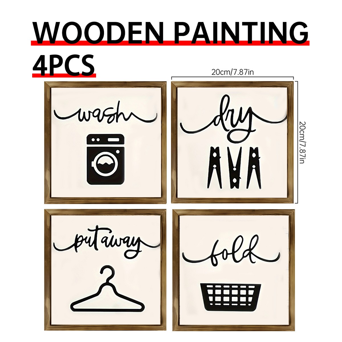 4Pcs Fold Wash Dry Wooden Sign Framed Laundry Room Farmhouse Wall Decor Gift