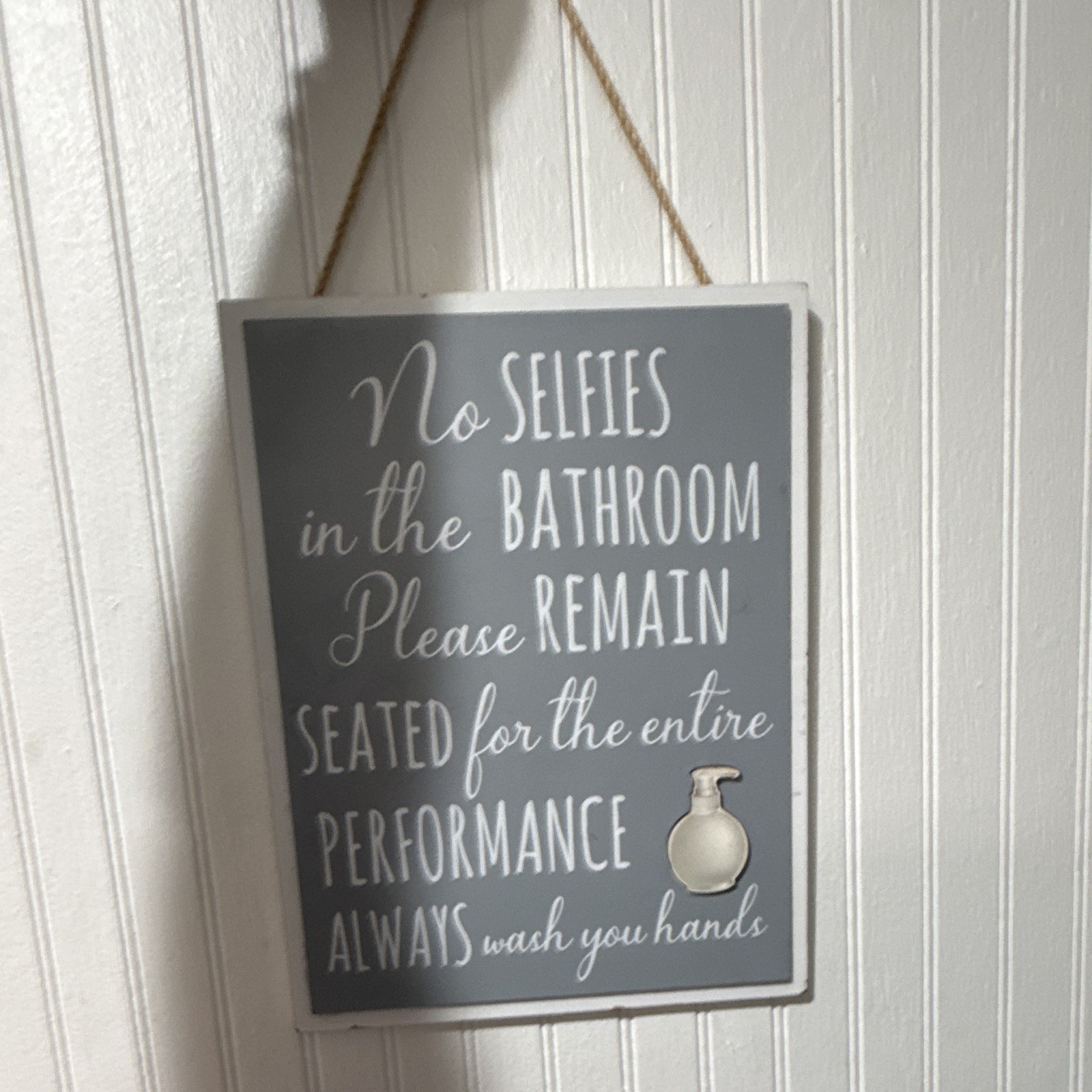 Funny Bathroom Text Wood Wall Plaque, Hanging Wall Mounted, Gray/White