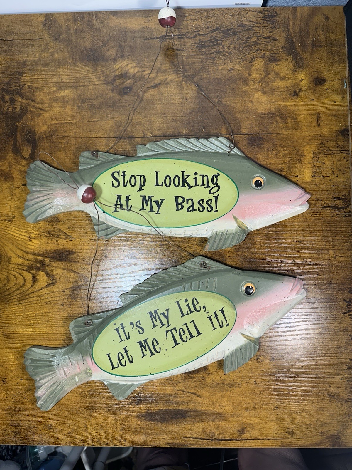 2 Wood Bass Fish Signs Fishing Hanging Rustic Cabin Decor Funny Gift Fisherman