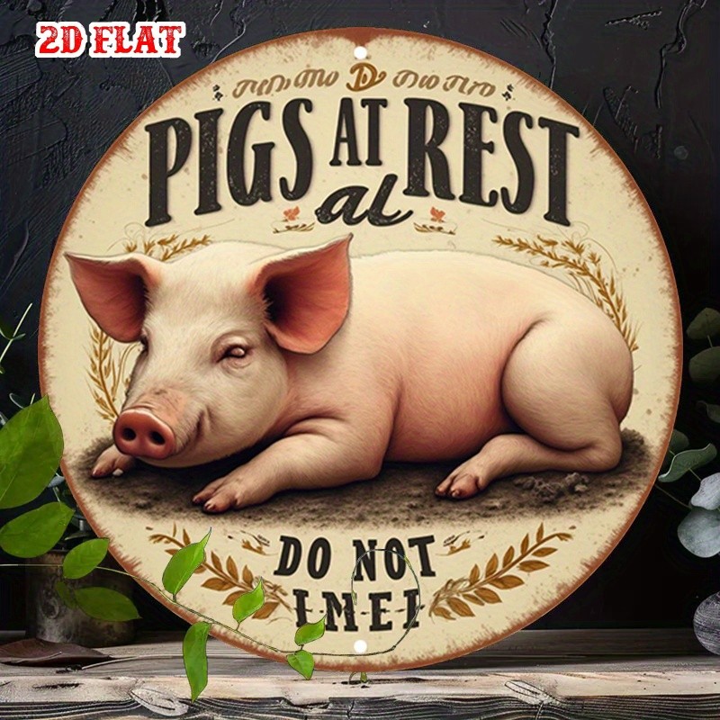 Aluminum Metal Sign Unbranded Farmyard Scene Pigs Round 8 Inch Decor