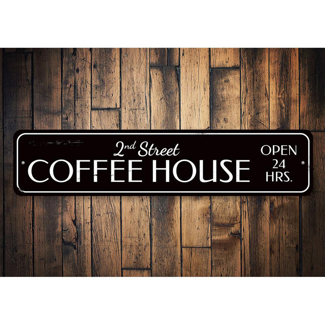 Coffee House Sign, Personalized Open 24 Hours Kitchen Metal Decor Sign