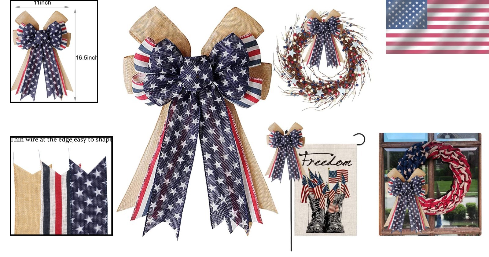Patriotic Burlap Bow 11×16.5in American Flag Red White Blue Stars 4th of July…