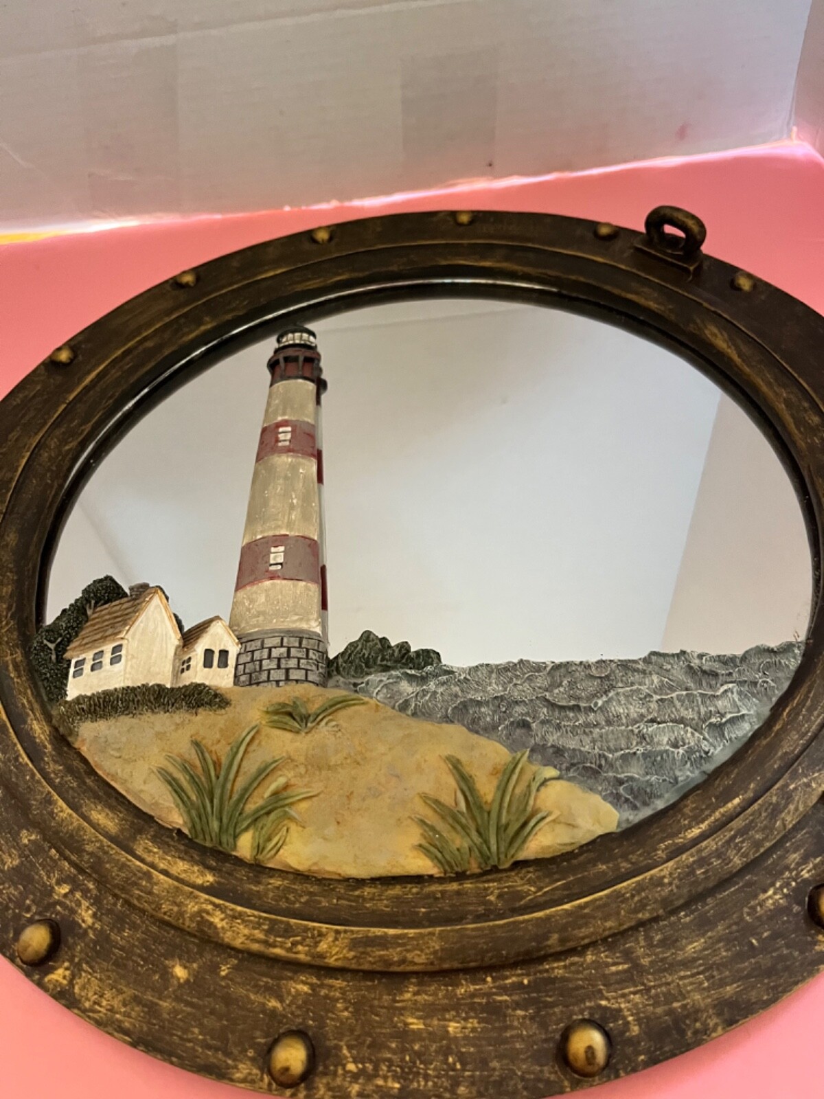 Nautical/ Port Hole /Mirror/ Raised Lighthouse Resin Wall Decor 12 1/2″