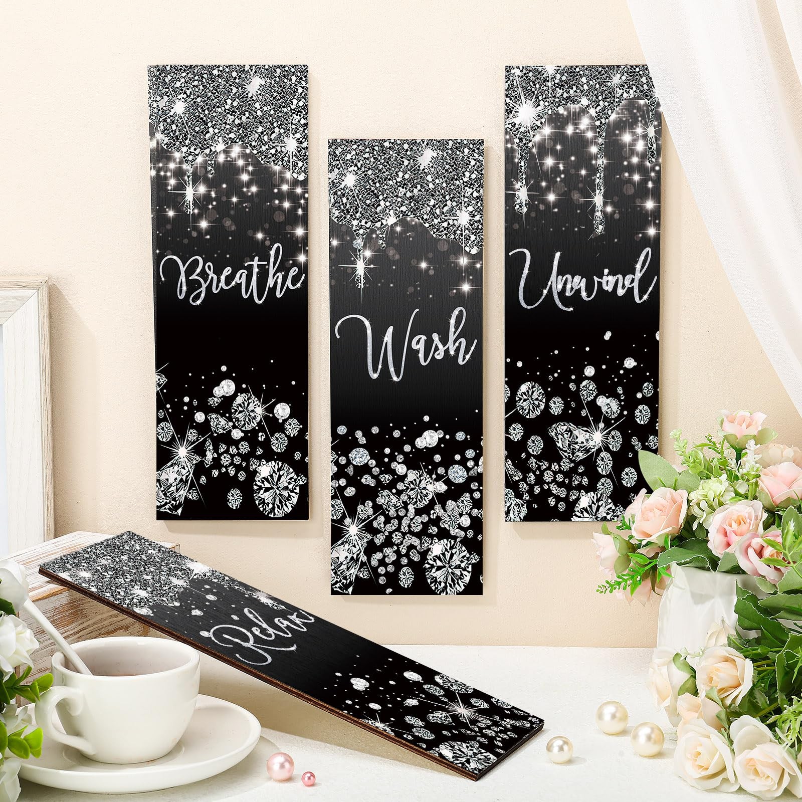 4 Pcs Black and Silver Bathroom Wall Decor Glitter Diamond Wooden Living Room…