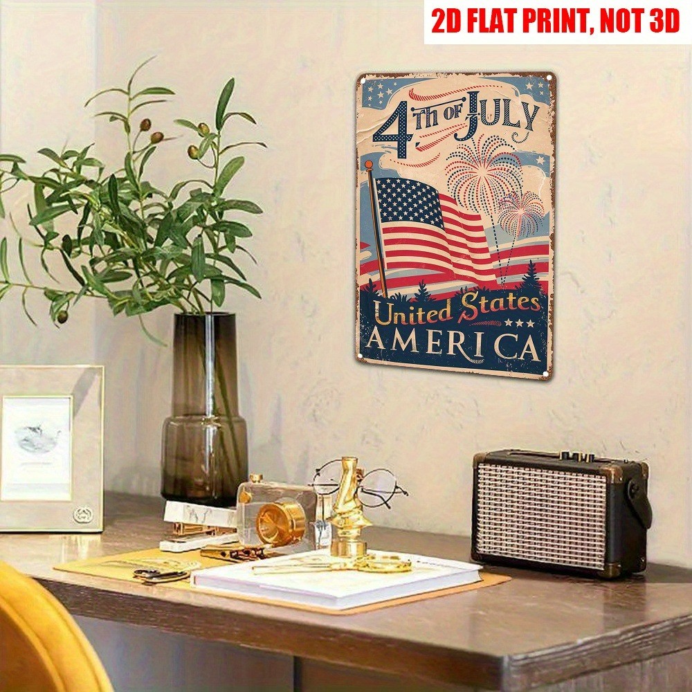 Vintage Tin Sign JULY 04 American Flag Patriotic Metal Sign Man Cave Wall Decor