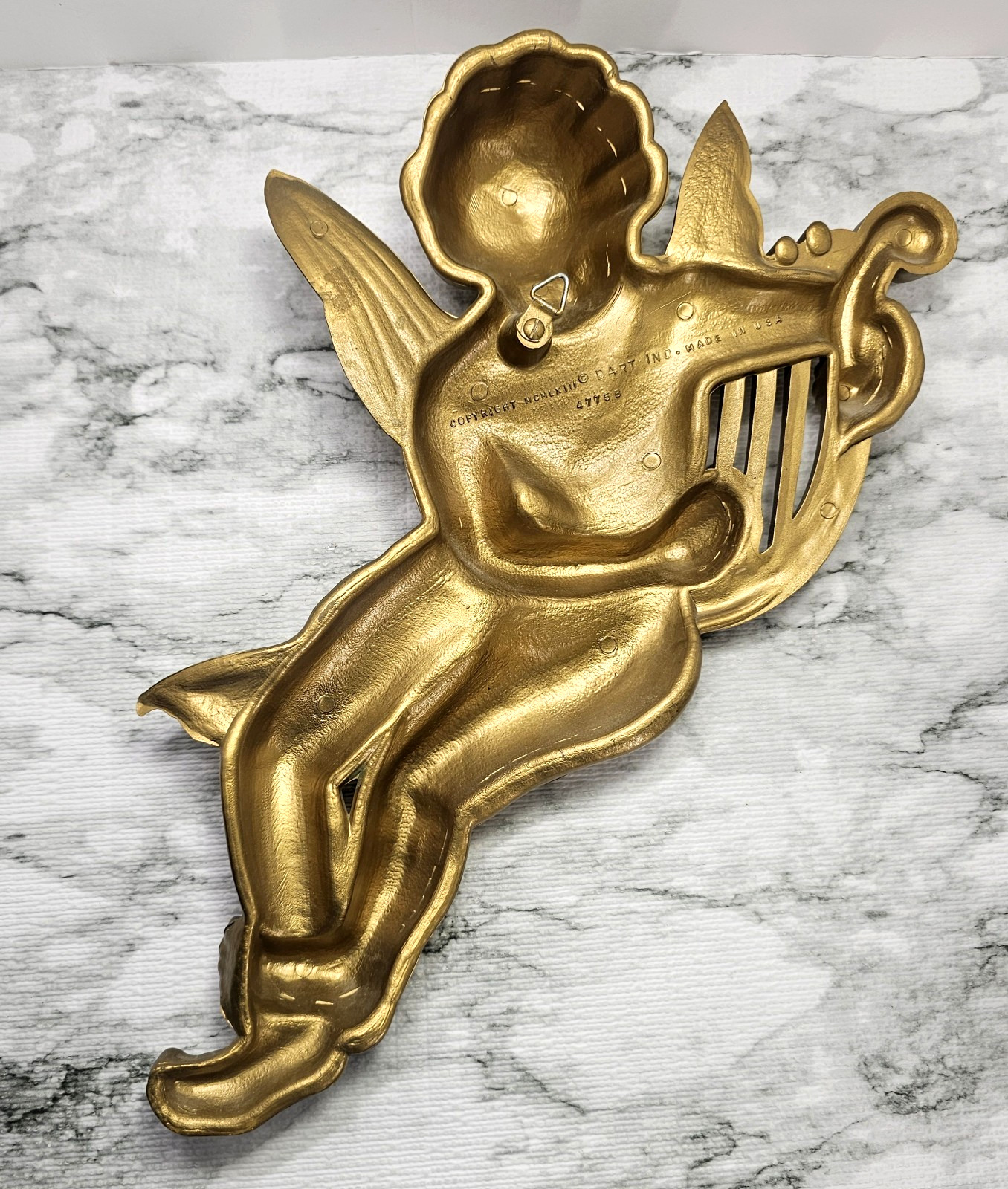 Pair 1963 LARGE Gold Musical Cherubs Angels Wall Plaques Dart 16″ Tall Vintage
