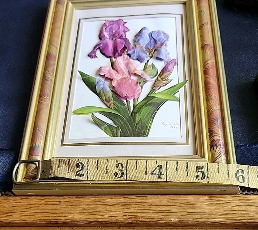 Vintage Decorative Iris Paper Tole, Relief In Frame, 3D, 7.5 x 6 In. Purple/Pink