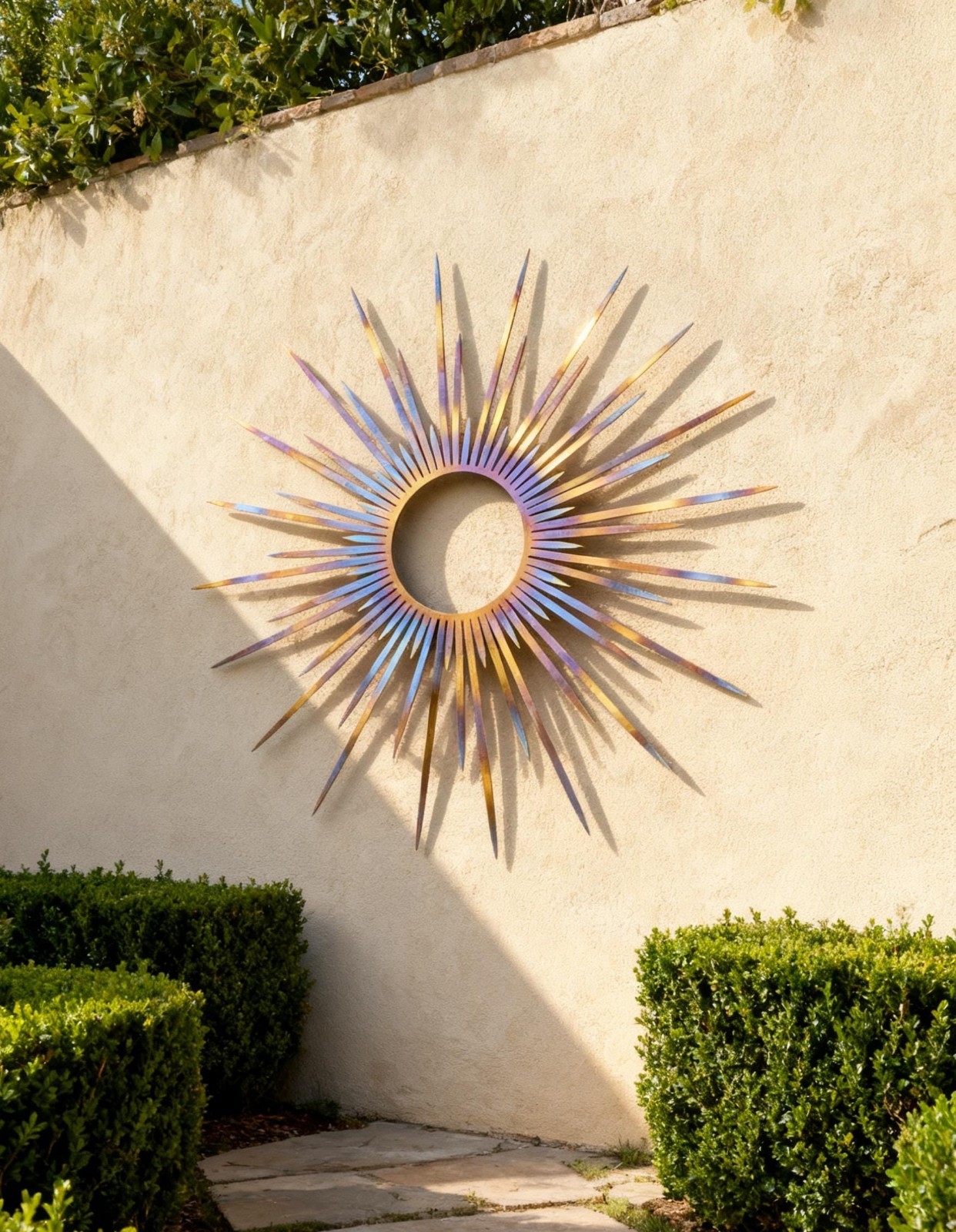 Sun Sign Metal Wall Decor, Heat Colored Metal Sunrise Sign, Garden Wall Art