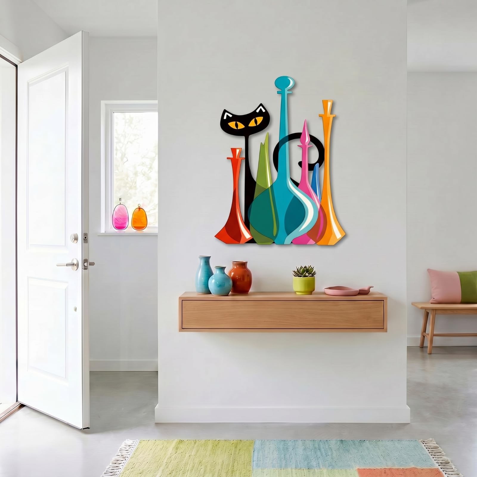 Cat Metal Wall Art Decor Mid Century Modern Atomic Cat Colorful Glass Decante…