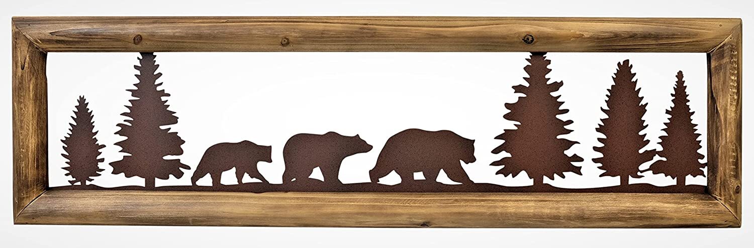 Rustic Wood Frame Woodland Bear Metal Cut Wall Art Cabin Lodge Wall Decor Gift