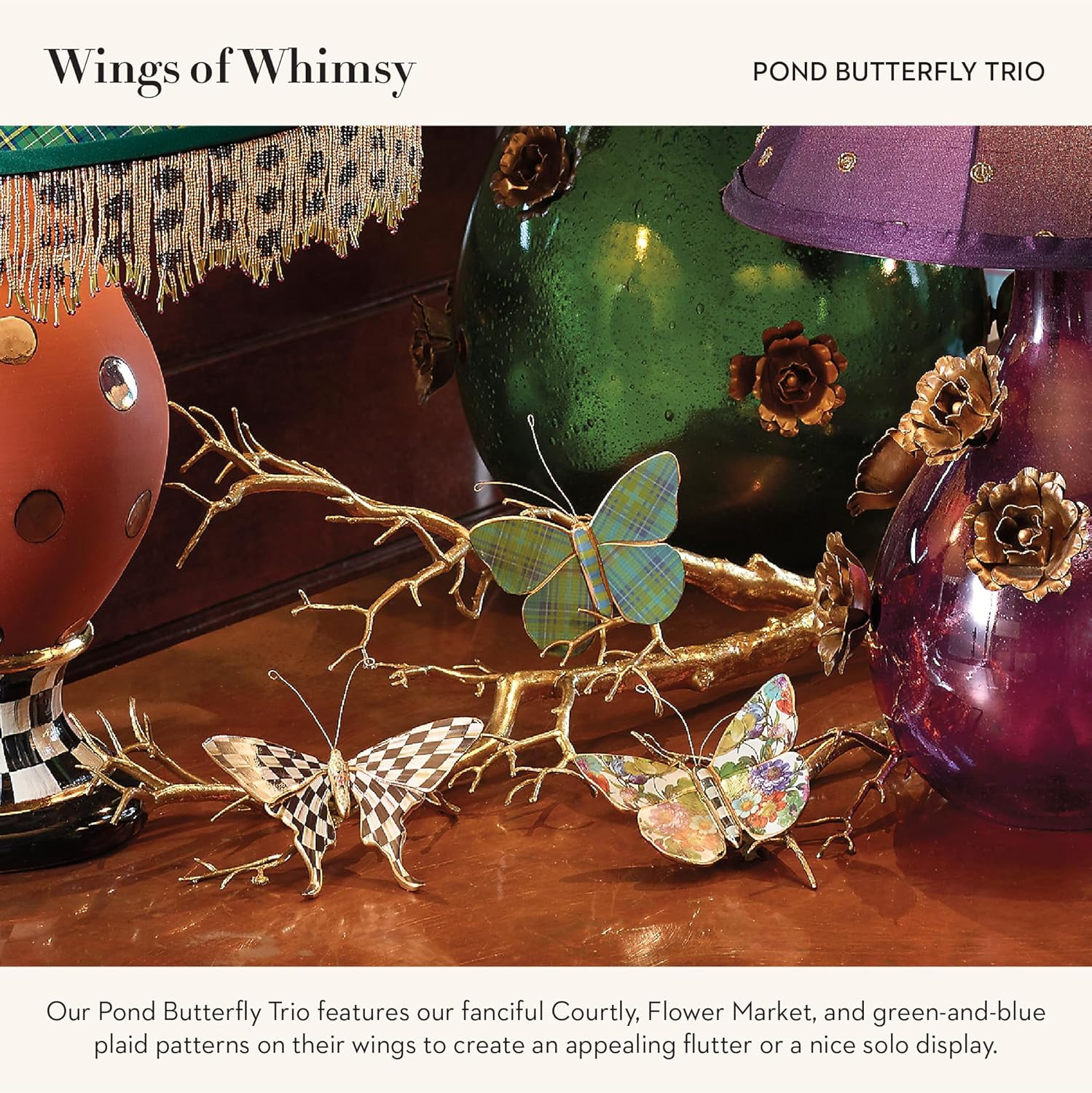 Butterflies Trio, Hanging Butterfly Wall Decor, Pond, Set of 3