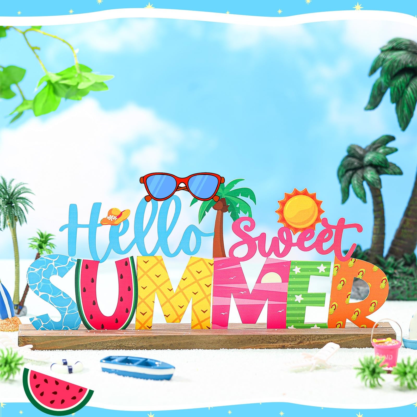 Colorful Hello Summer Metal Sign with Wooden Base Indoor Tabletop Decorations