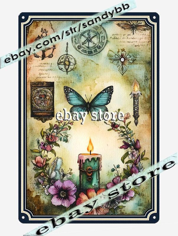 Butterfly Candle Metal Tin Sign Mystic Ritual Flame light ceremony