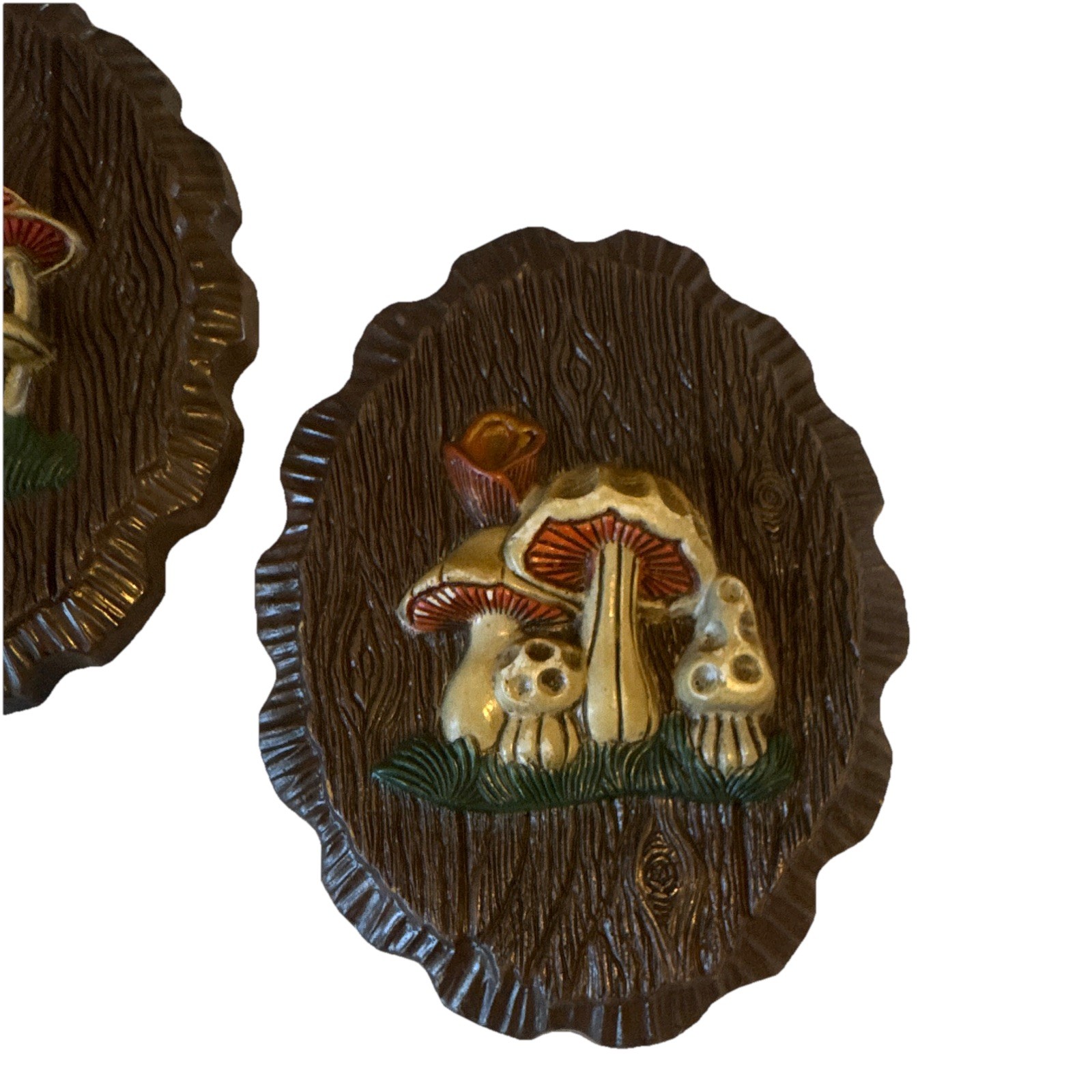Set of 2 vintage 3D Mushroom Oval Wall Plaques Painted Wood Grain Hanging 70s