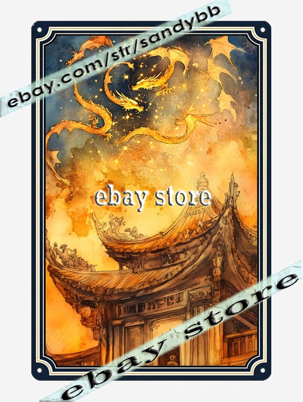 Dragon Temple Metal Tin Sign Mystic Sky glowing sky fantasy temple