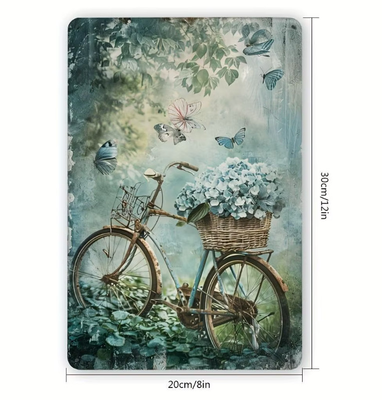 Wall Decor French Country Vintage Bicycle Spring Flowers Metal Tin Sign 8×12