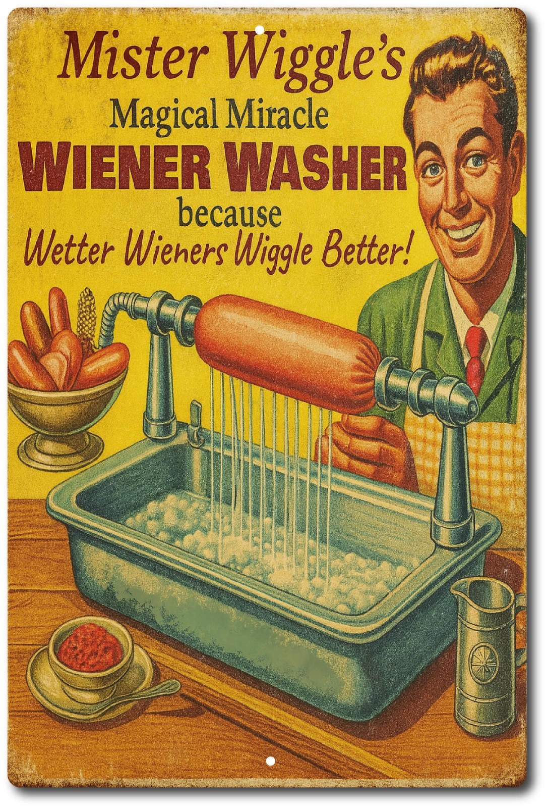 Funny Tin Sign Retro 1950s Mr Wiggle Magical Wiener Washer Wall Decor Man Cave