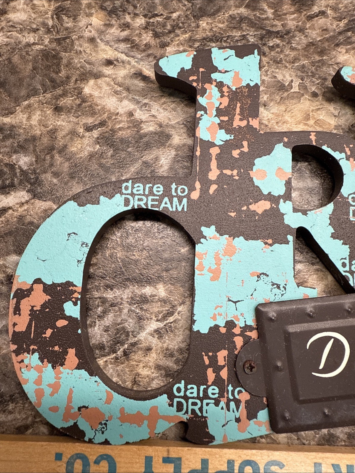 “Dream” Wall Decor Teal Brown Pinkish Metal Accent 2014 14 X 6.5 MDF Wood
