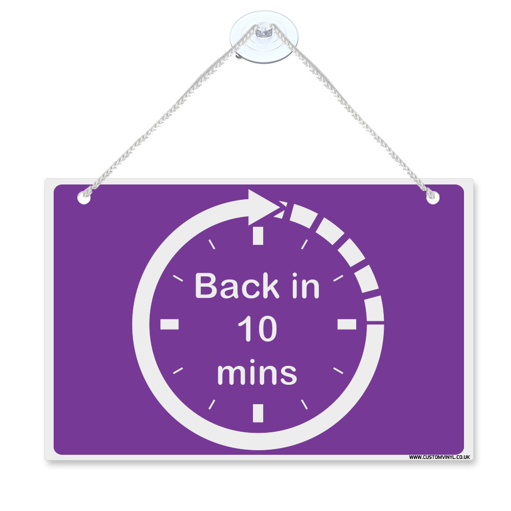 Back in 10 mins clock hanging plastic sign with nylon rope+suction cups