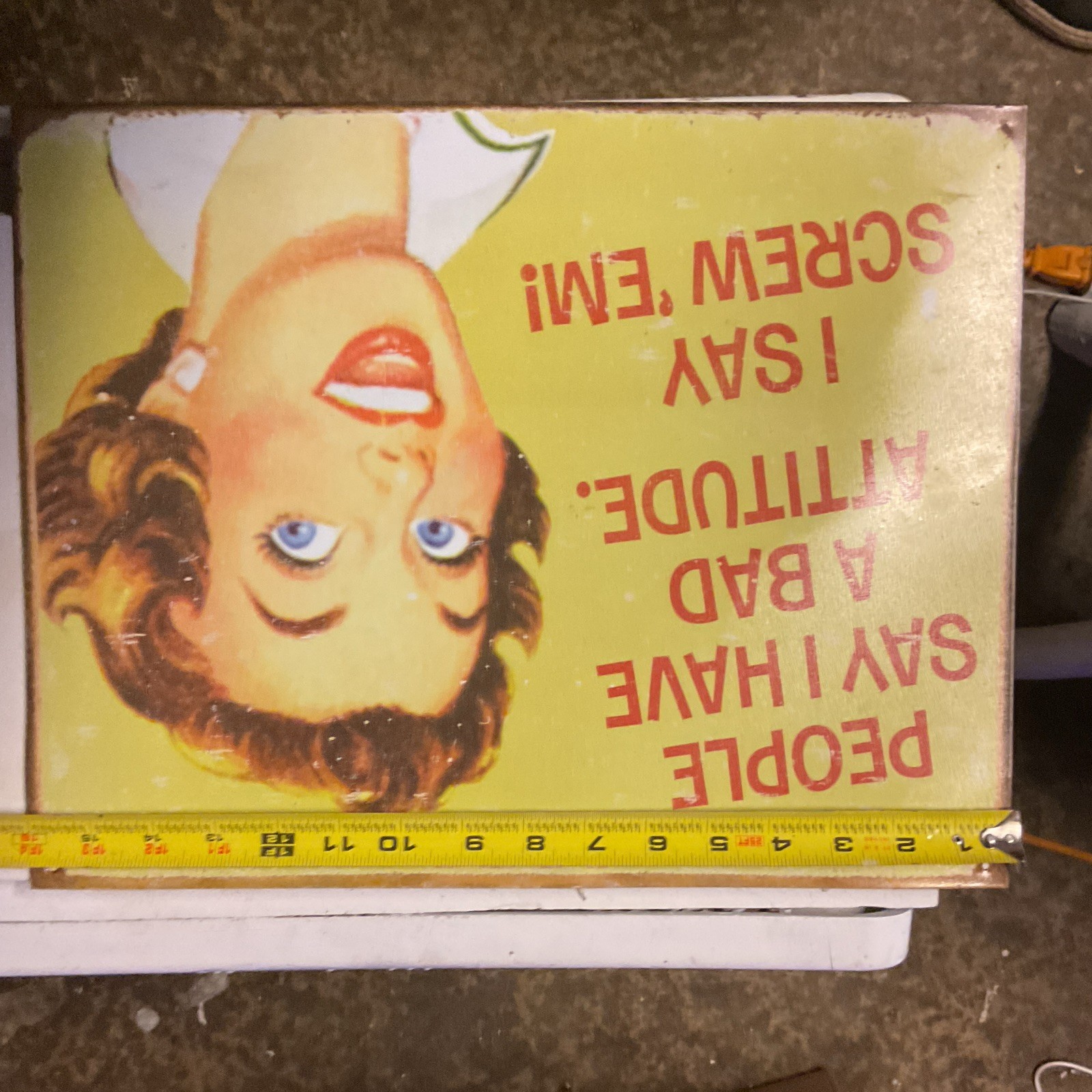 Vintage/Retro Metal Sign 12in Rectangle Yellow/Red Quote Screw ‘Em Bad Attitude