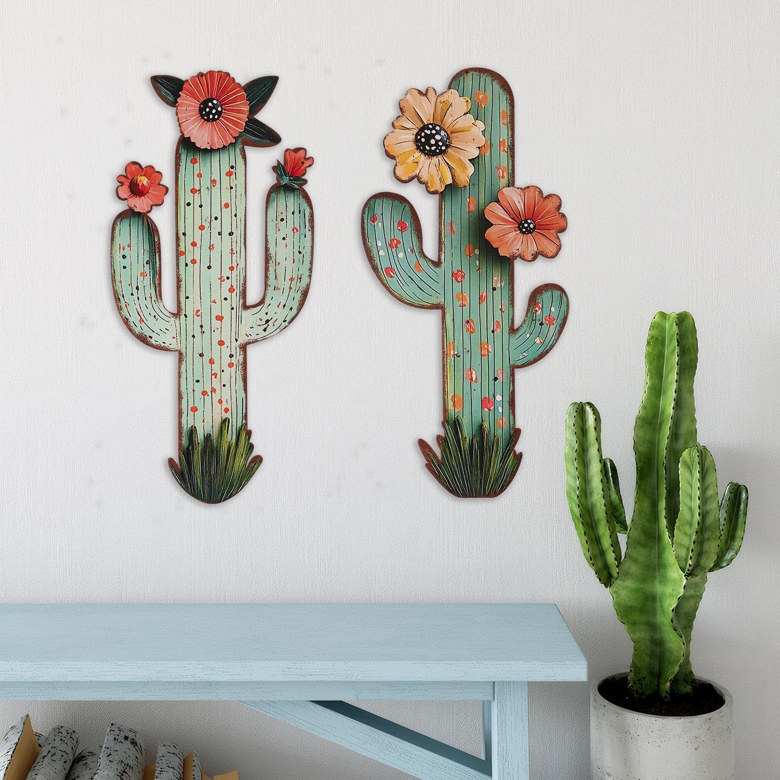 2 Piece Metal Cactus Wall Decor, 13×6.3 Inch Laser Cut Desert Western Art, Ru…