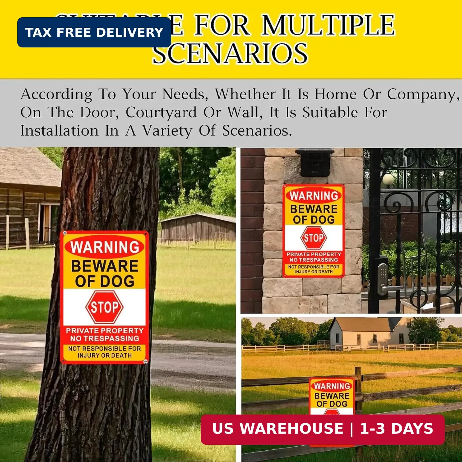3 Pack Beware of Dog Sign, 8X12 Inches, Aluminum Metal, No Trespassing Sign
