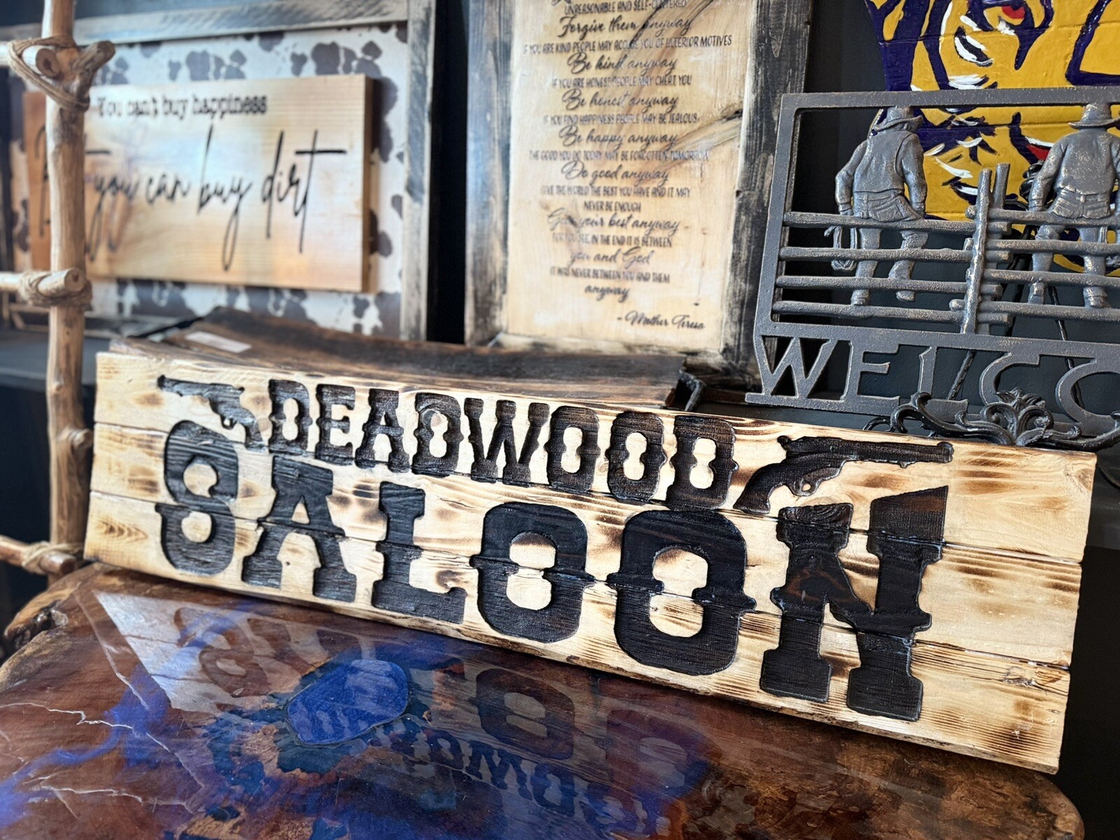 Western Saloon, Carved Wood, Western Style Sign, 42”L X 10”, Torched, Sealed