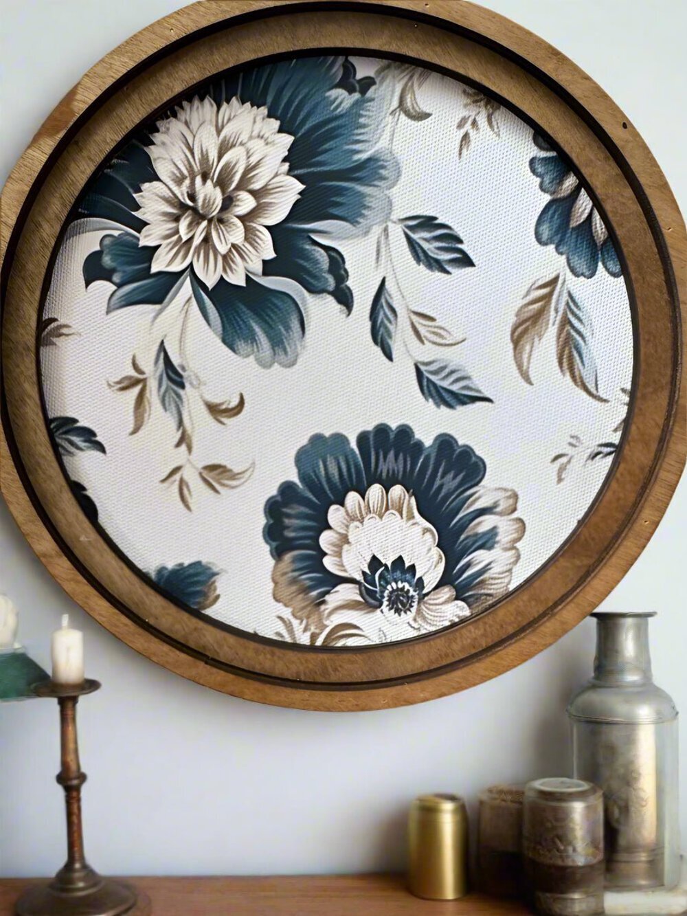 Handcrafted Retro 8″ Canvas on Wood Primitive Round Navy Tan Floral Framed Art