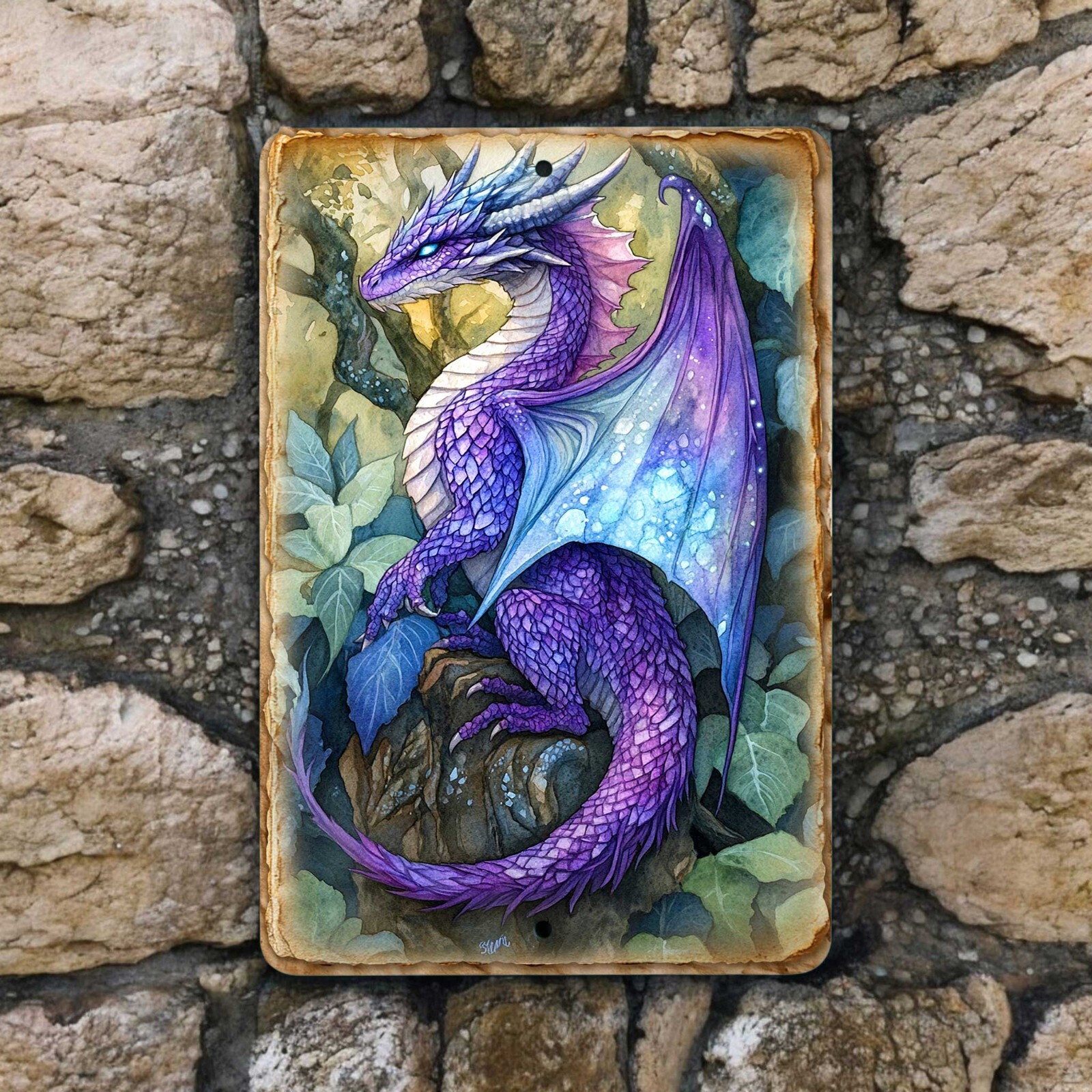 Purple Forest Dragon Metal Sign – 8×12 Fantasy Wall Art with Leaves & Foliage