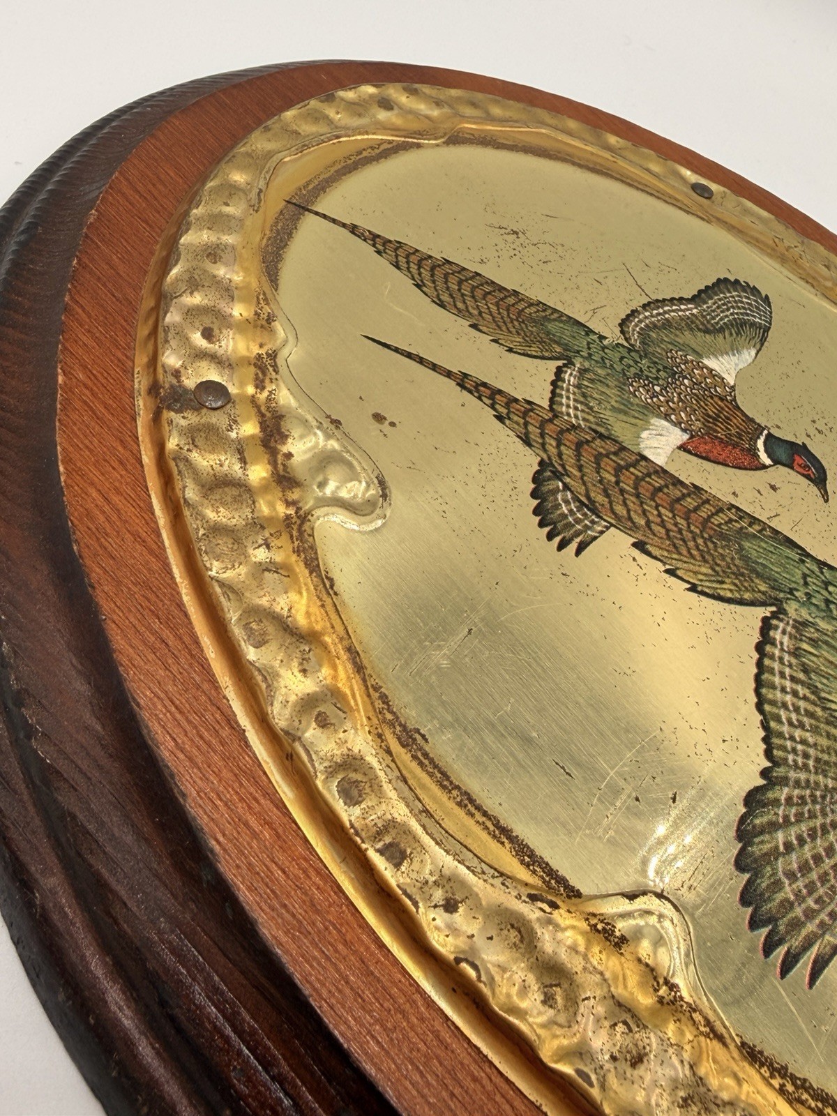 Vintage Pheasant Wall Plaque Hand Painted Embossed Metal Hunting Cabin Decor
