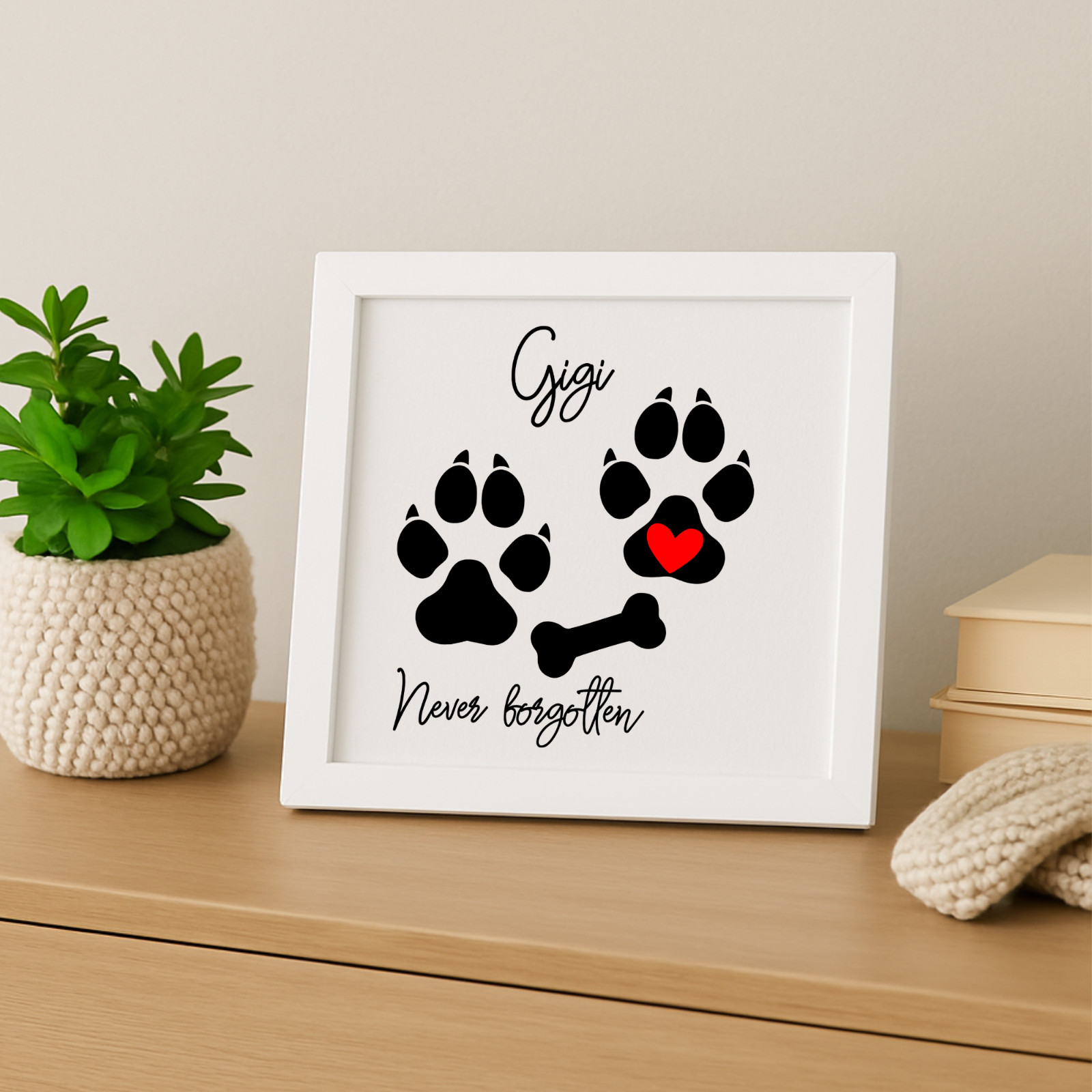 Personalized Dog Paw Memorial Sign Laser Engraved Pet Loss Gift on Wood in Frame