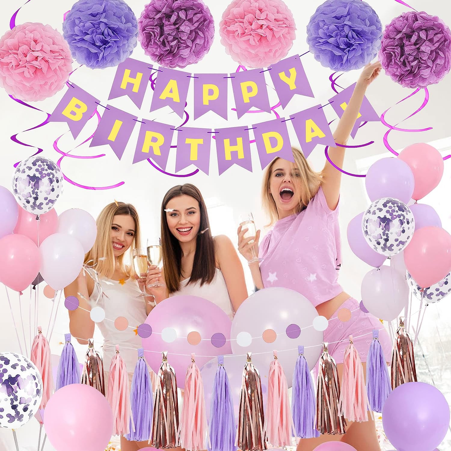 Purple Pink Birthday Party Decorations Women Girls with Happy Birthday Banner
