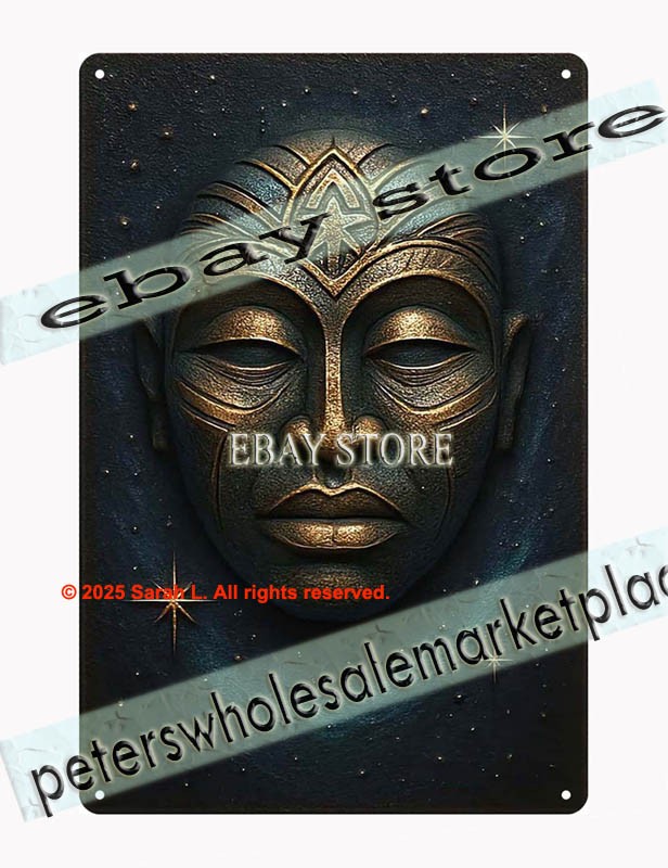 Mystic cosmic mask celestial tin sign spiritual fantasy wall decor