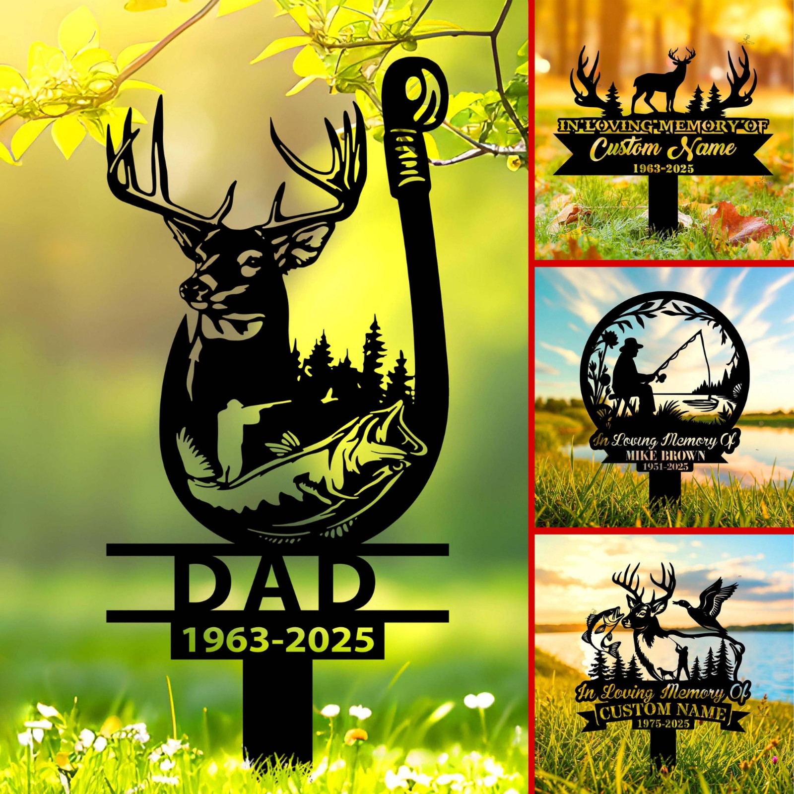 Personalized Fishing Memorial Stake, Deer Hook Garden Loss Gift for Dad