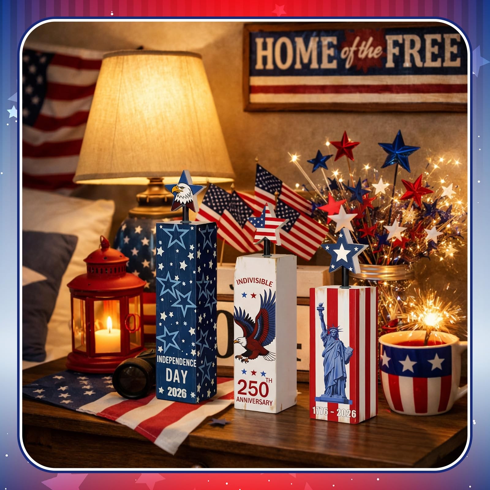 3 Pcs 250th Anniversary Patriotic Decorations 4th of July Table Block Signs M…