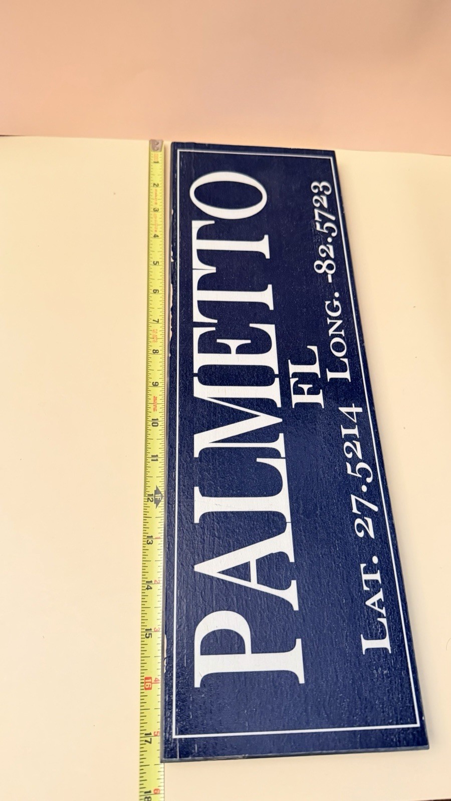 Palmetto FL Wooden Sign Decorative Wall Art Coordinates Florida Decor 17.5″ Blue