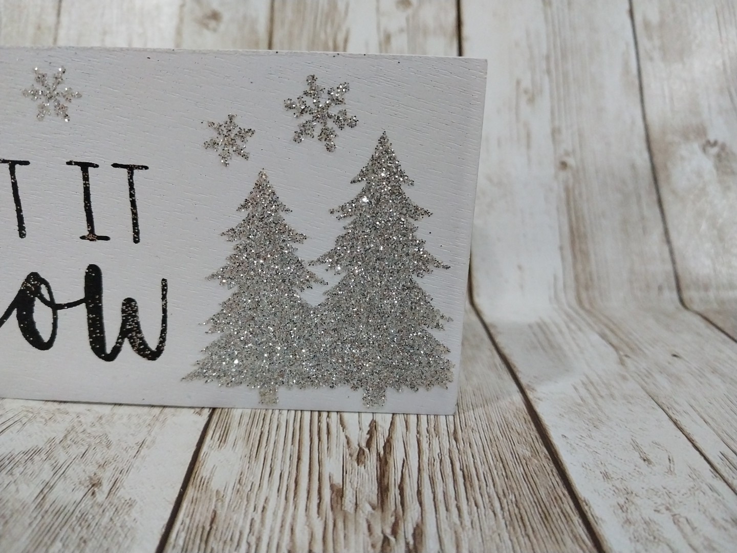New! “Let It Snow” Snowflake Winter Christmas Wood Sign Decor Trees Tray Glitter