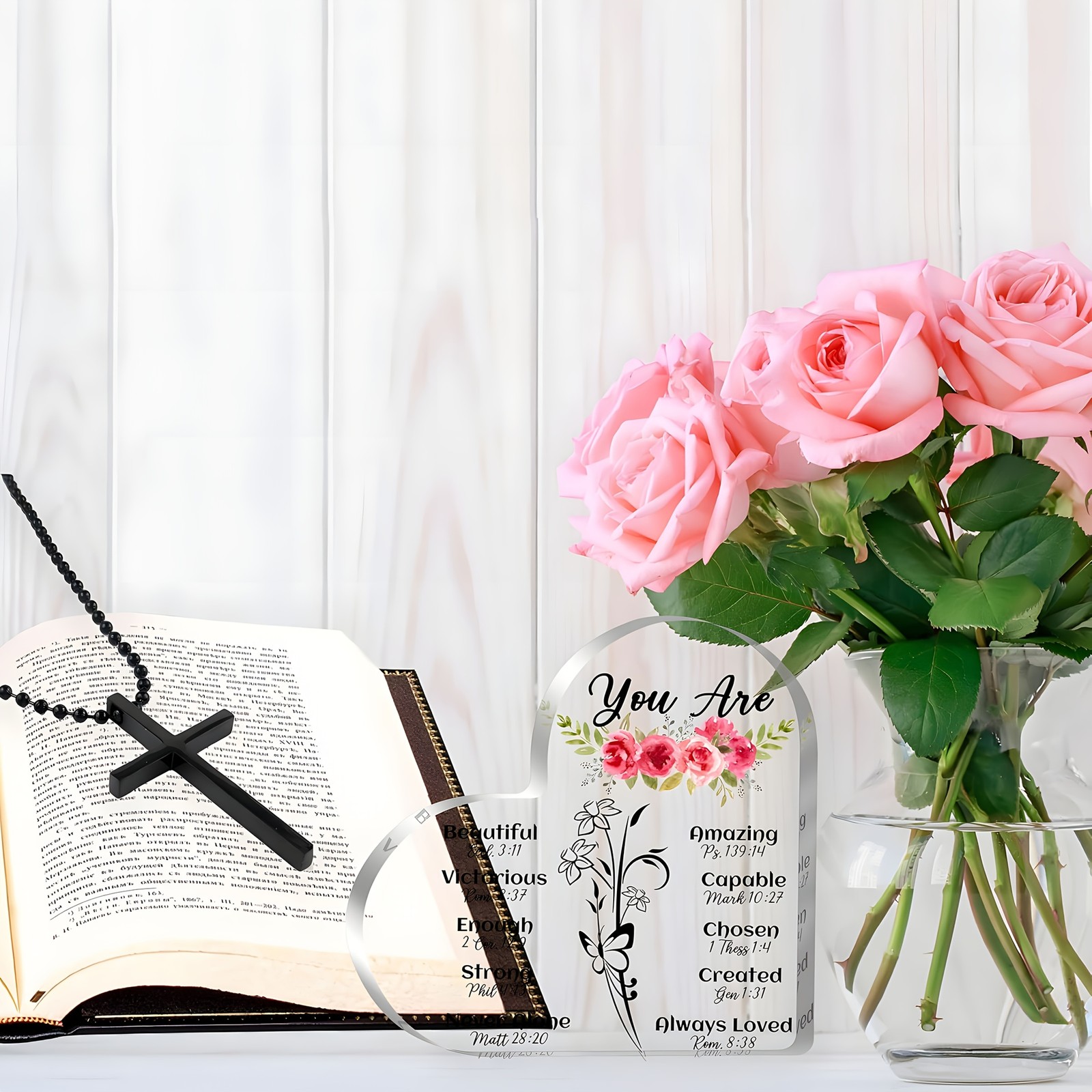 Christian Bible Verse Acrylic Heart Plaque Pink Roses Keepsake Scripture Gift