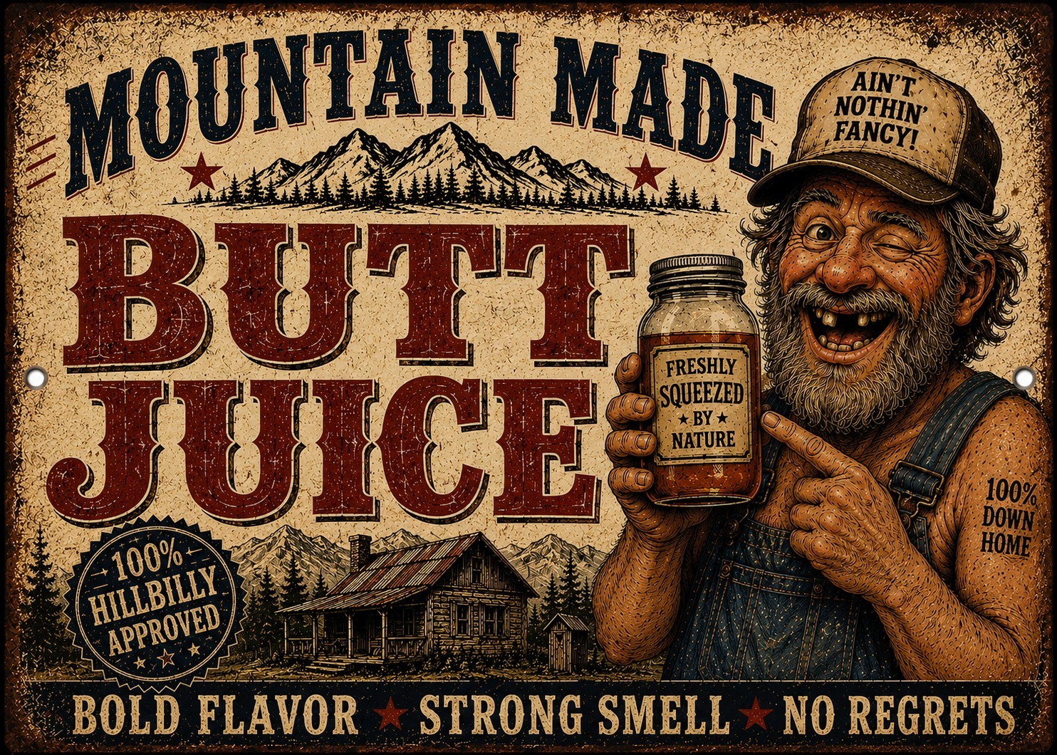 Mountain Made Butt Juice Funny Metal Sign Rustic Hillbilly Garage Decor 8×12