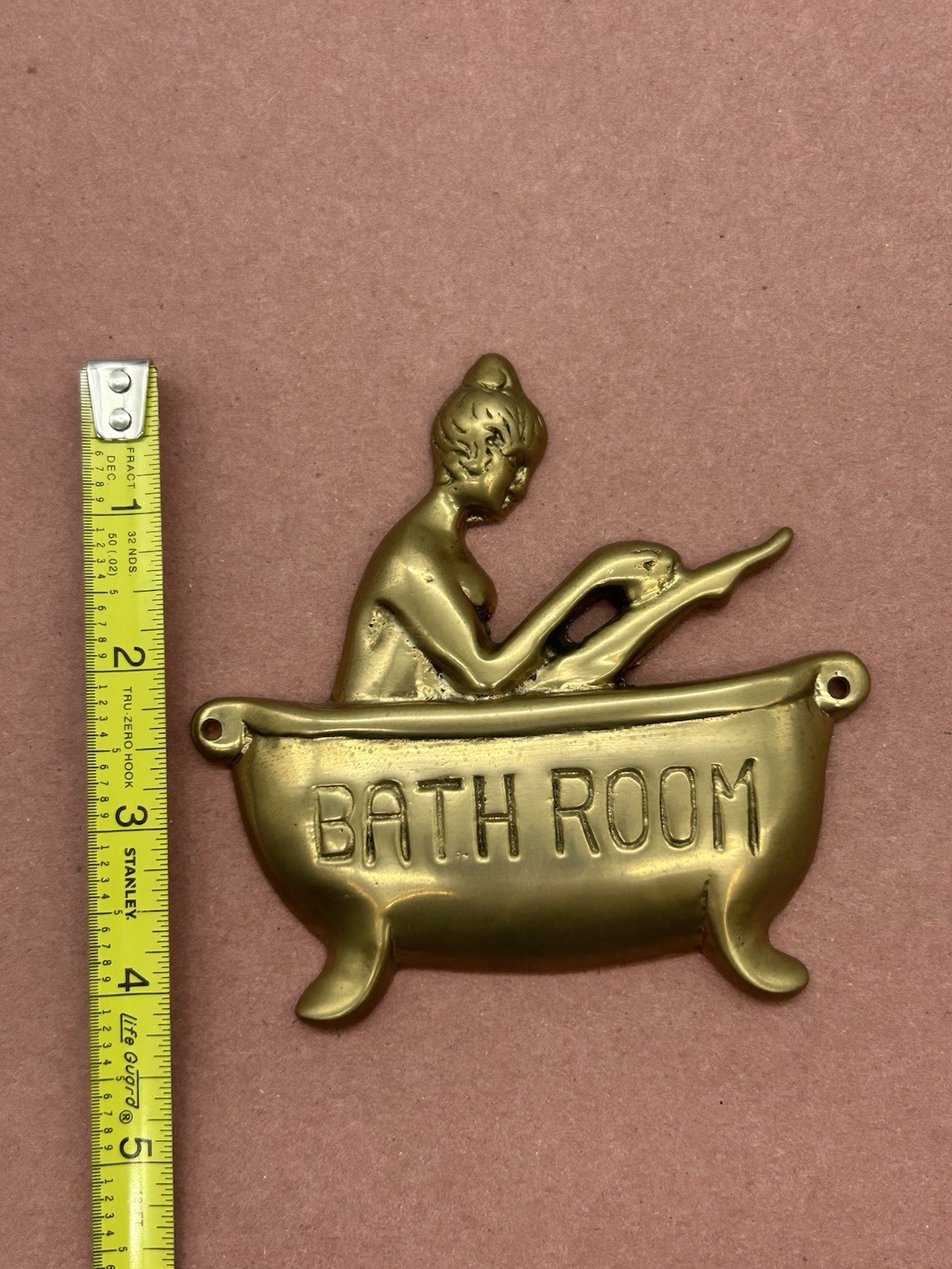 Vintage Solid Brass Lady In Tub Bathroom Door Plaque Sign Wall Decor 4”x4”