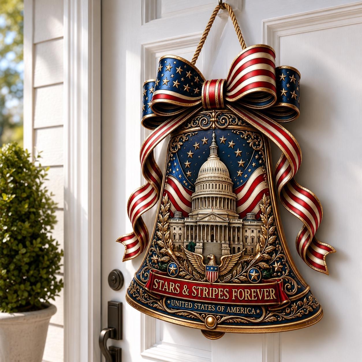 America 250th Anniversary Bell Sign, Patriotic Front Door Hanger, USA 1776-2026