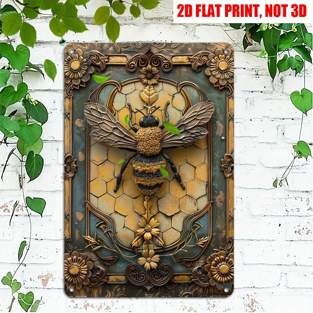 Tin Sign Vintage Bee Metal Wall Art Ornate Floral Honeybee Decor Garden Lovers