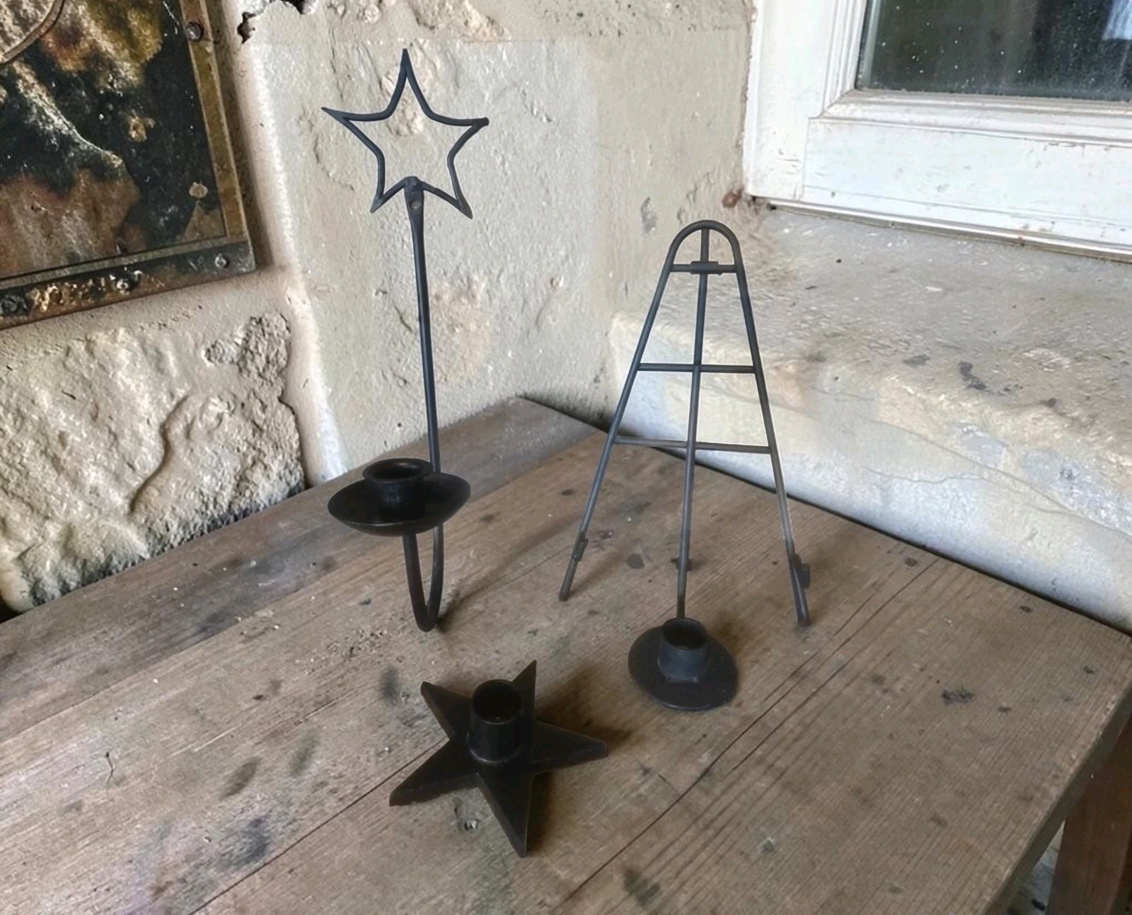 3 Primitive Style Metal Star Decor Taper Wall Hanging Candle Holder Plate Stand