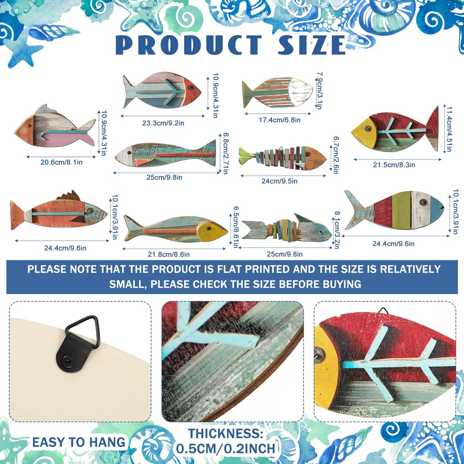 10 Pcs Wooden Fish Wall Decor Wood School of Fish Coastal Wall Decor Beach Wall.