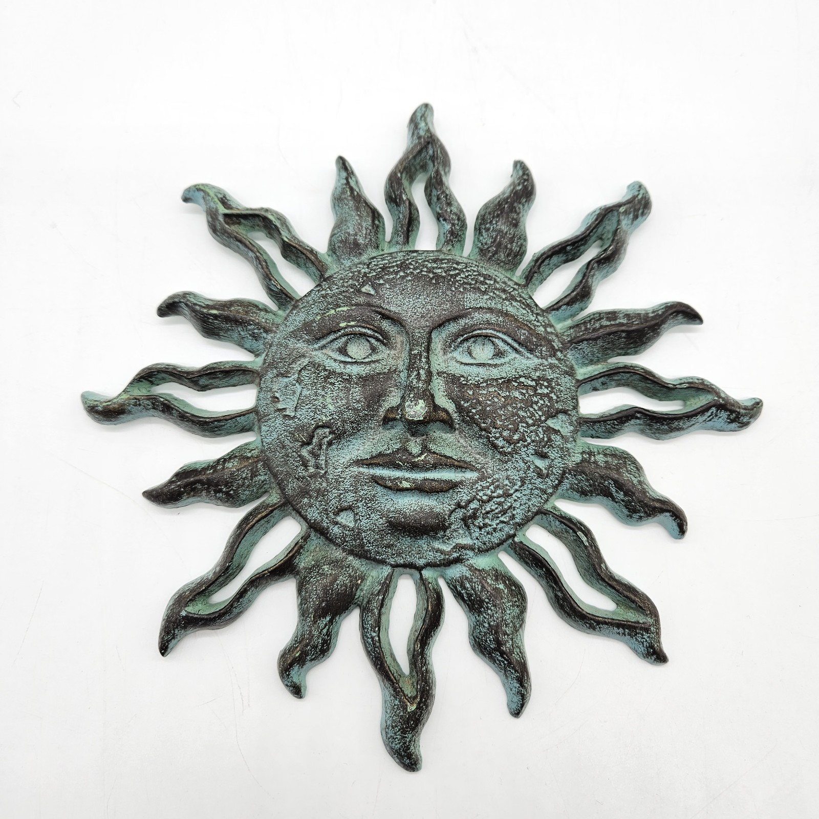 Metal Cast Iron Sun Face Wall Hanging Plaque Painted Faux Green Patina Look 8″
