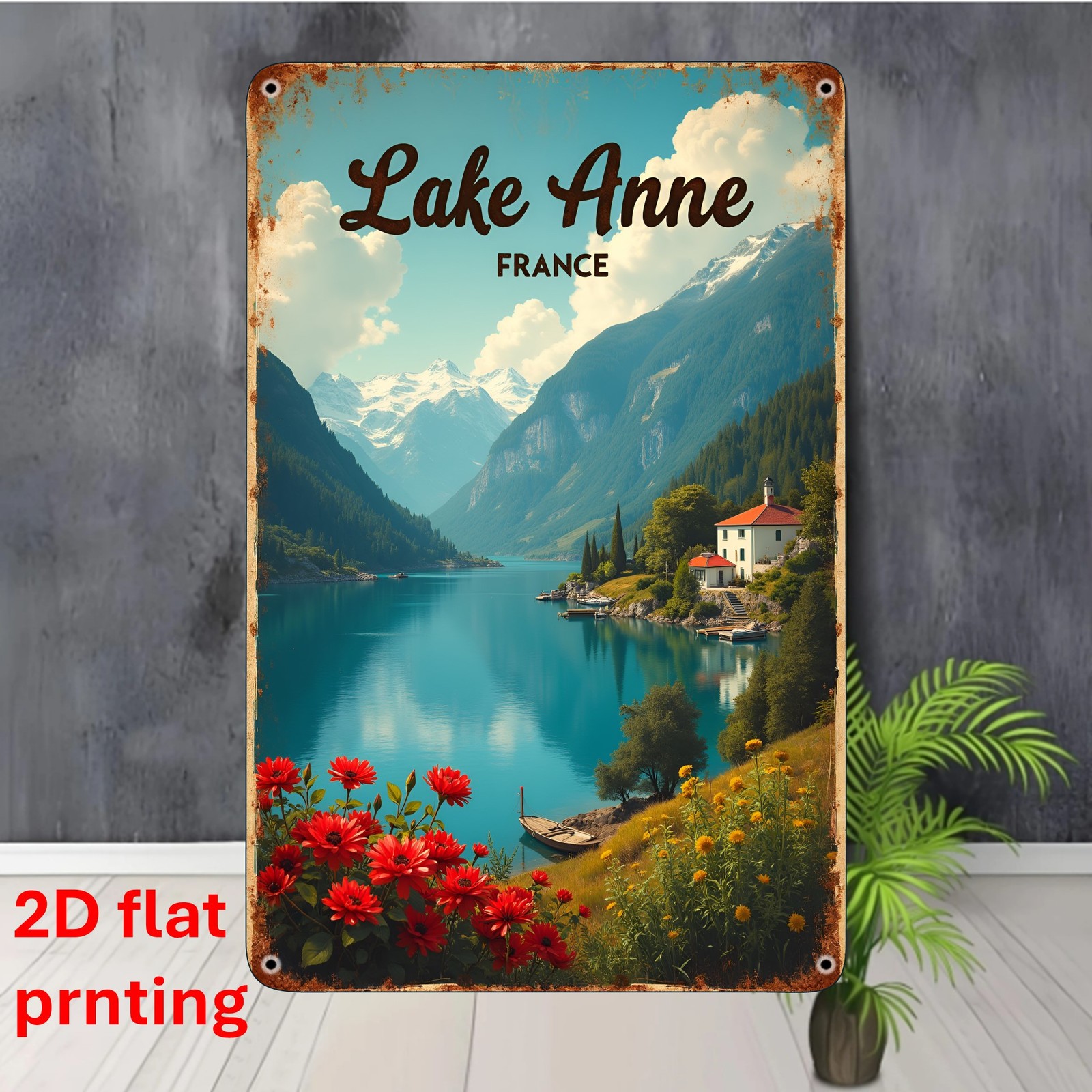 Lake Anne France Alpine Lake Floral Metal Sign French Country Cottage Wall Decor