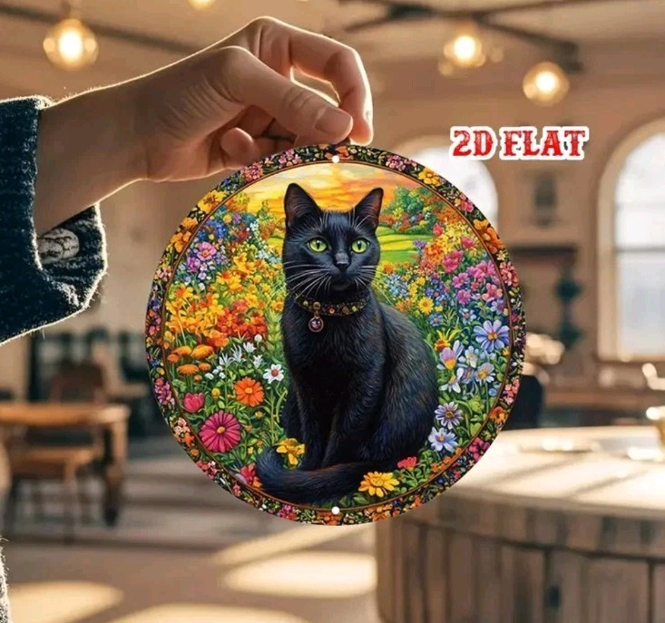 2D Flat Black Cat Garden Round Aluminum Sign Floral Metal Tin Wall Decor 7.87″