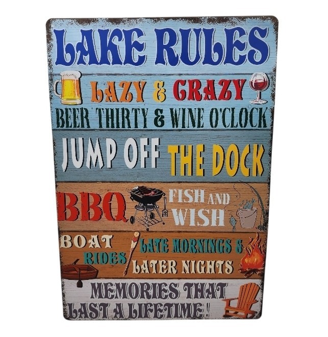 Lake Rules Metal Tin Sign 17×12 Boathouse Cabin Dock Fishing Wall Decor Rustic